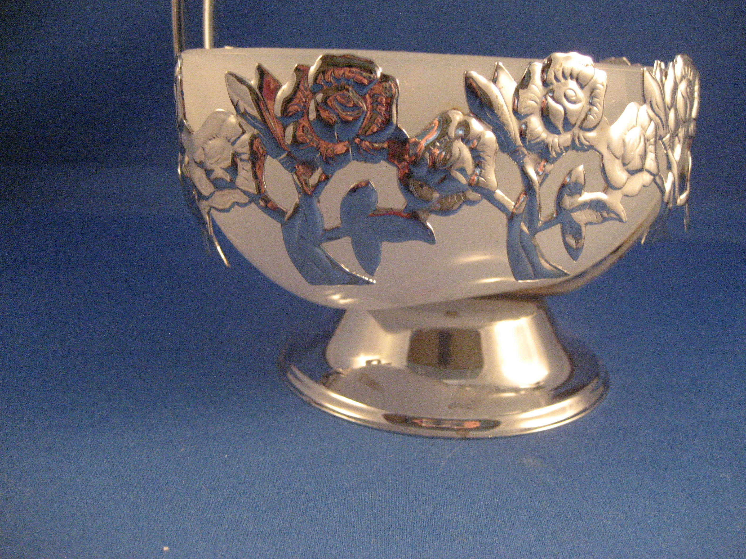 Silver Rose Milk Glass Handled Candy Dish