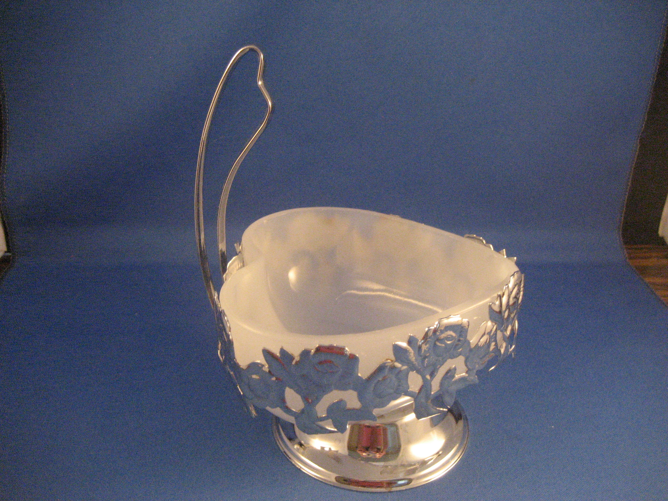 Silver Rose Milk Glass Handled Candy Dish