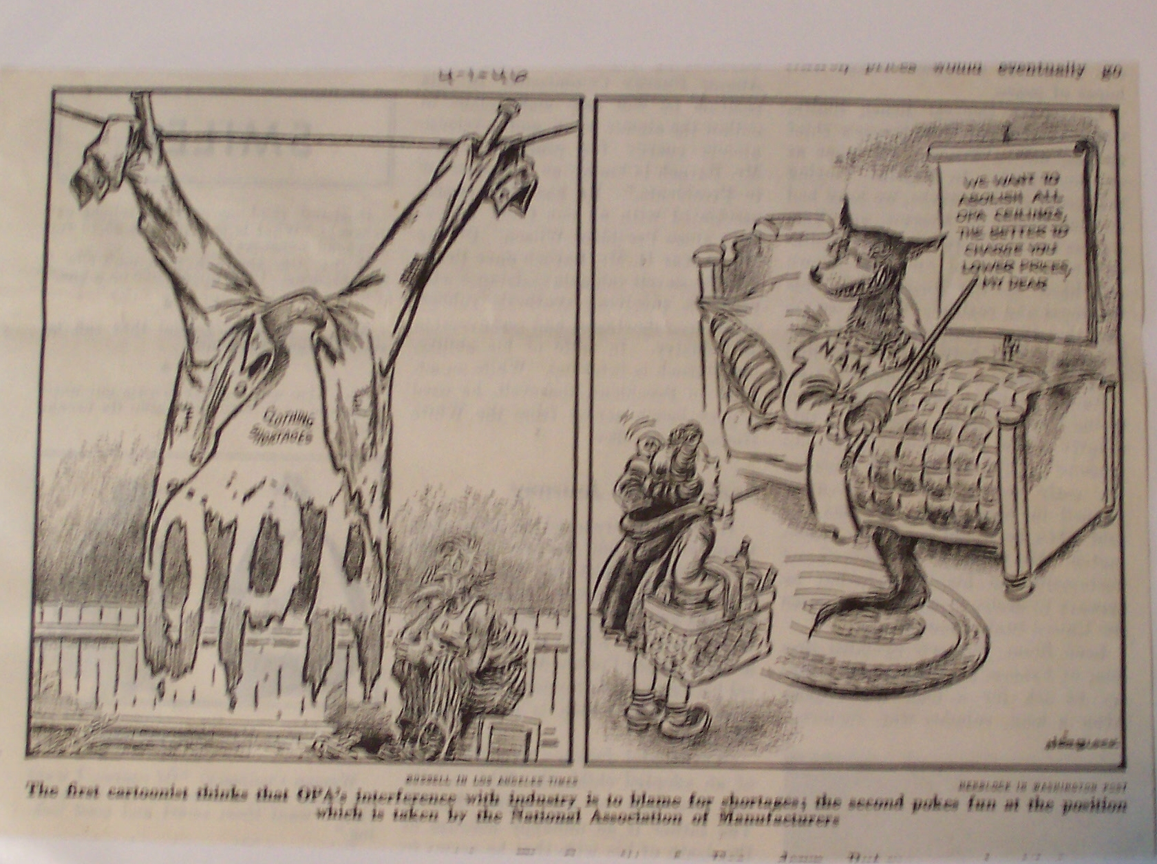 Political Cartoon - April 1, 1946 Clothing Shortage