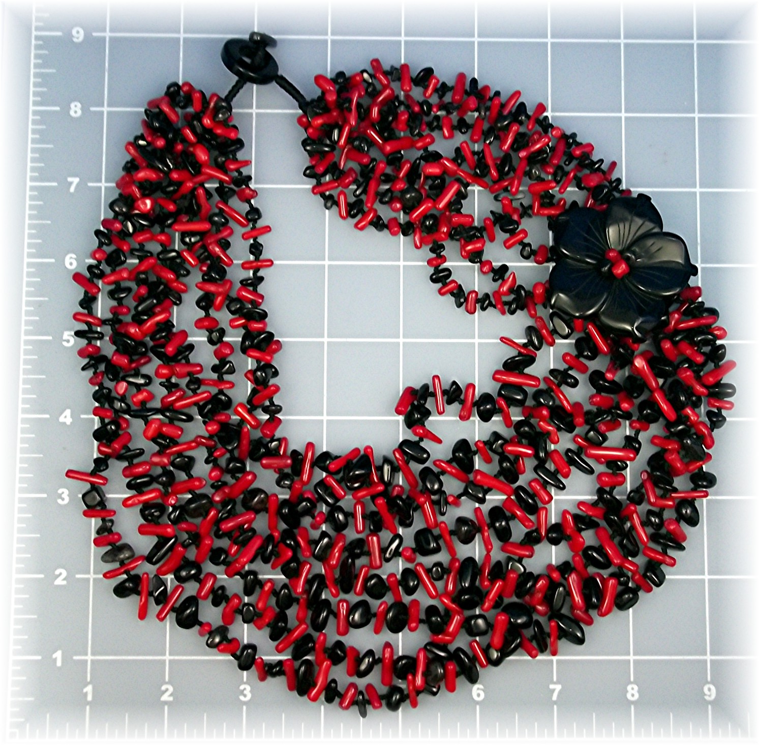 Necklace Coral Onyx Flower Necklace 8 Strand