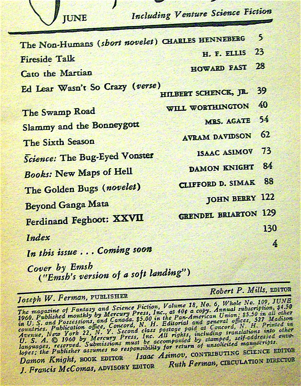 Fantasy and Science Fiction Magazine June 1960