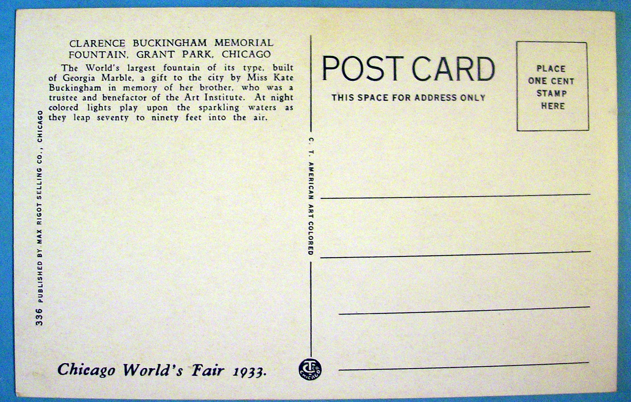 1933 Century of Progress, Clarence Buckingham Postcard