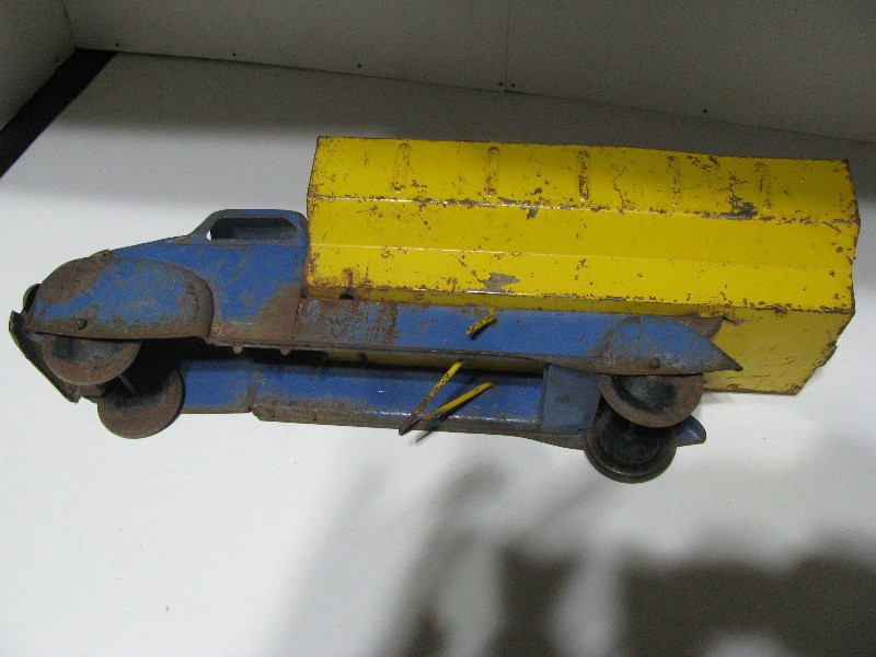 Vintage Pressed Steel Streamlined Dump Truck Toy - Blue & Yellow