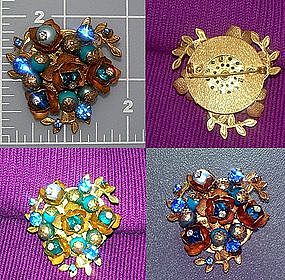 Crystals Blue Grey Pearls Filigree Gold Brooch 60s