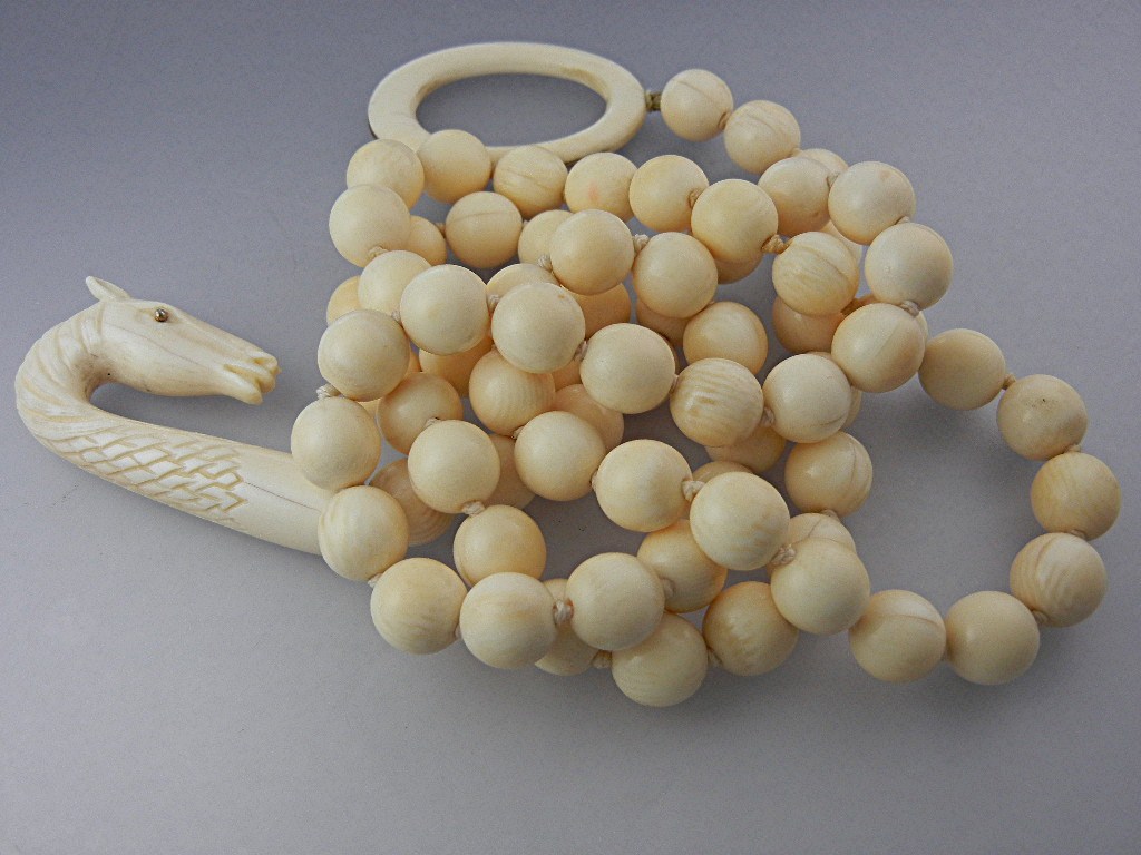 Necklace Pre Ban Ivory Carved Dragon 14K Gold 10mm Bead