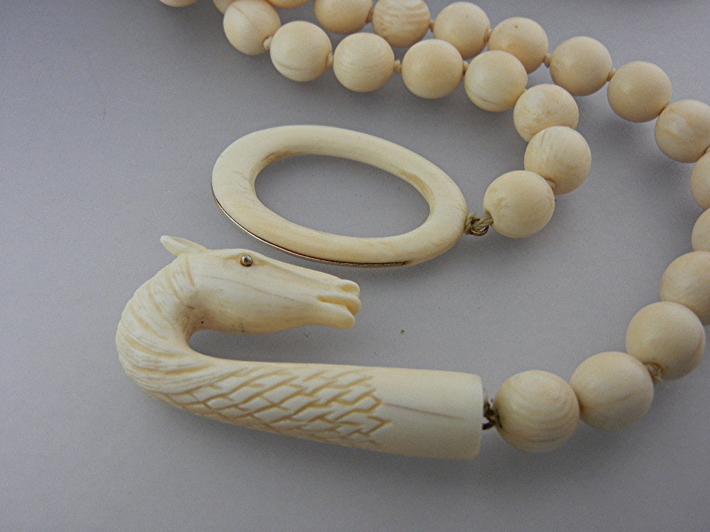 Necklace Pre Ban Ivory Carved Dragon 14K Gold 10mm Bead