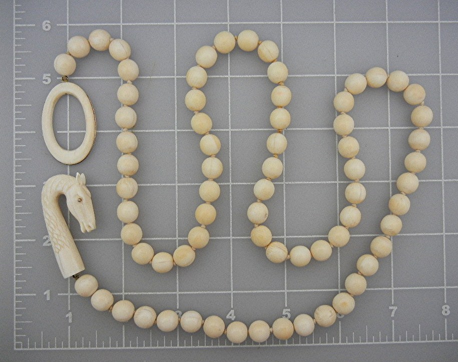 Necklace Pre Ban Ivory Carved Dragon 14K Gold 10mm Bead
