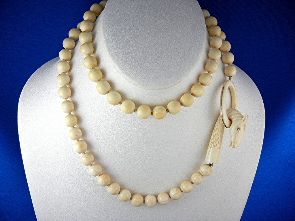 Necklace Pre Ban Ivory Carved Dragon 14K Gold 10mm Bead