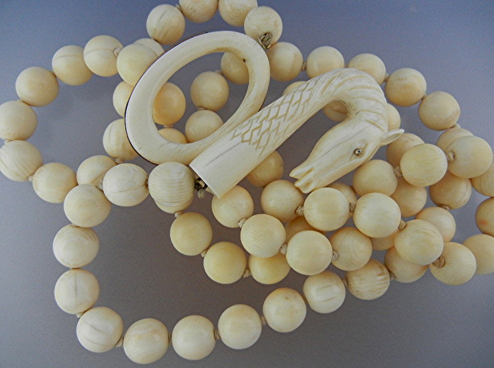 Necklace Pre Ban Ivory Carved Dragon 14K Gold 10mm Bead