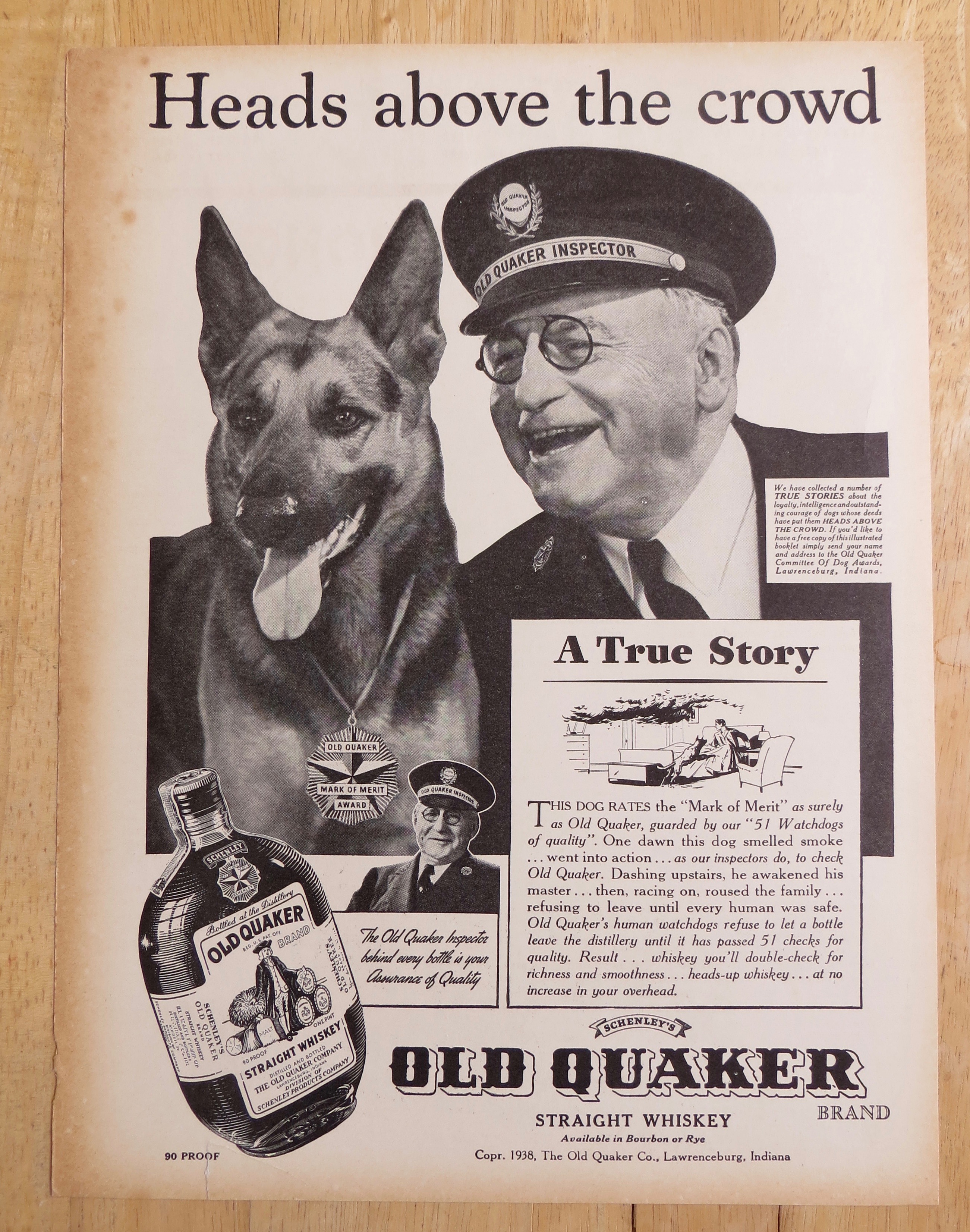 1938 Old Quaker Whiskey with 51 Watchdogs of Quality