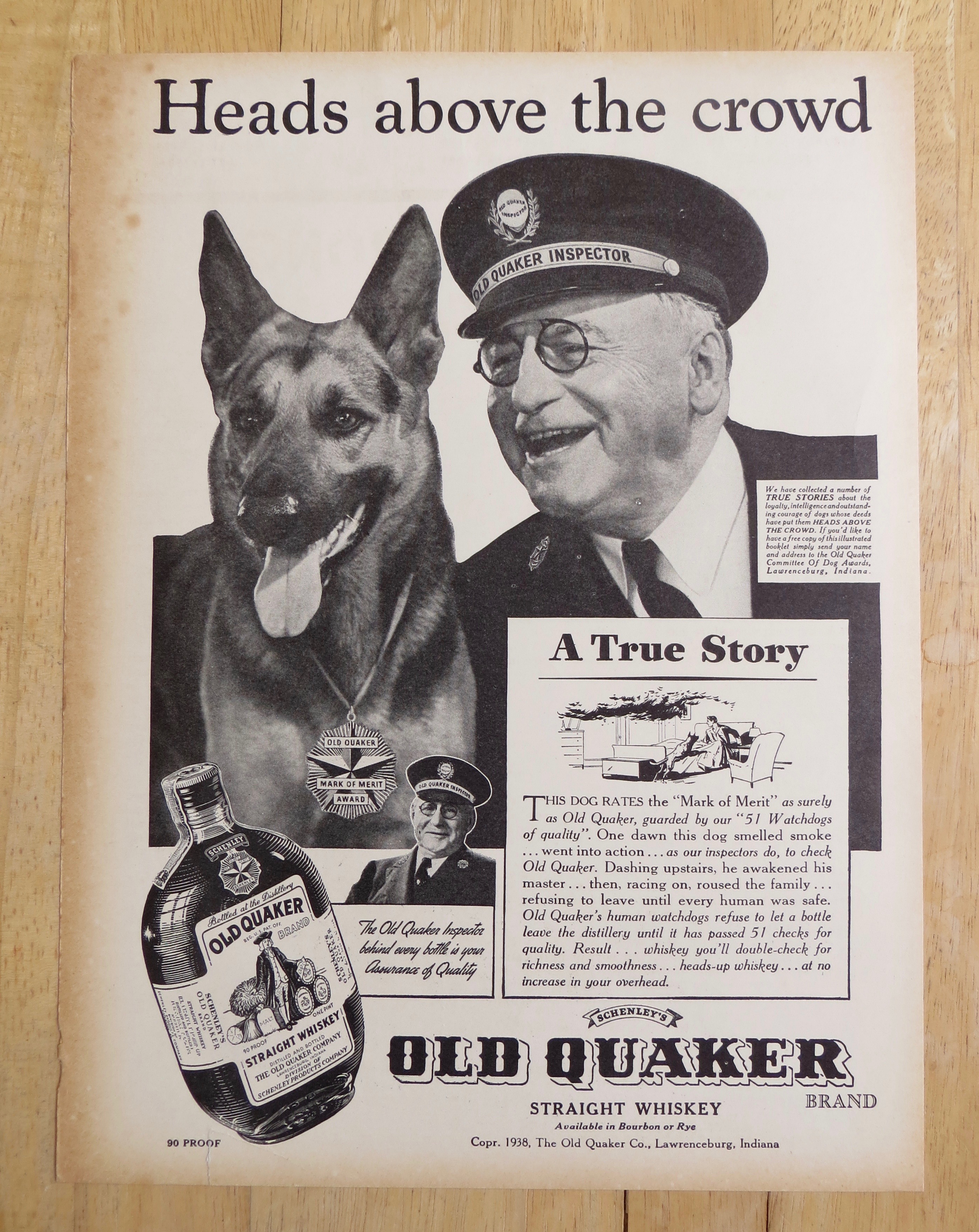 1938 Old Quaker Whiskey with 51 Watchdogs of Quality