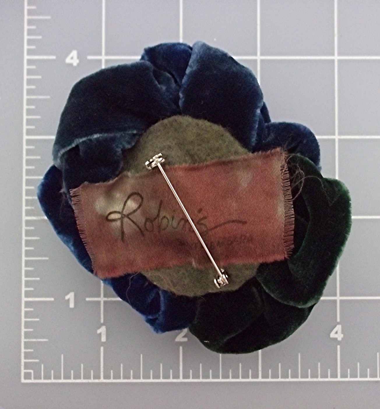 Brooch Pin Blue and Green Velvet Rose Robbins Californi