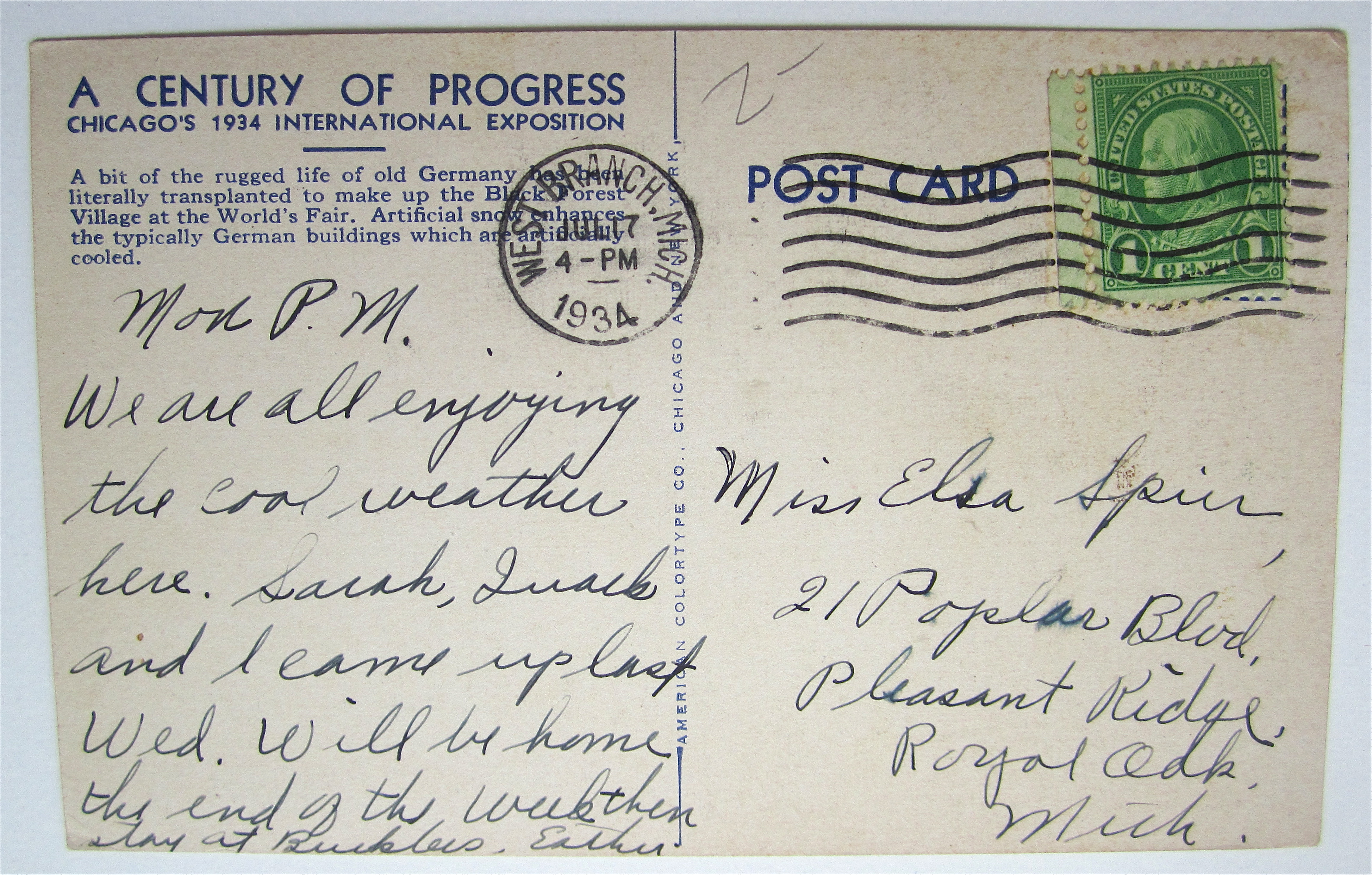 Black Forest Village, Century Of Progress Postcard