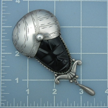 Silver Mexico Onyx Aztec Face Brooch