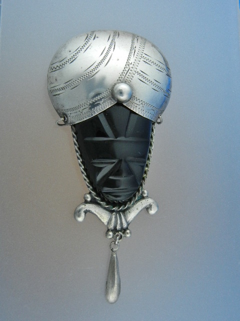 Silver Mexico Onyx Aztec Face Brooch