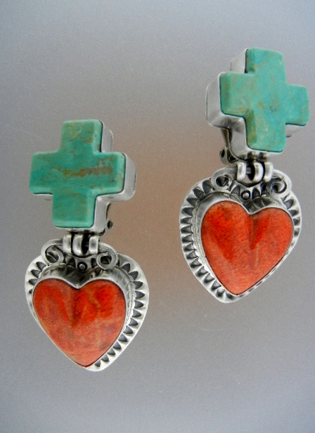 David Troutman Apple Coral Turquoise Sterling Silver Ea