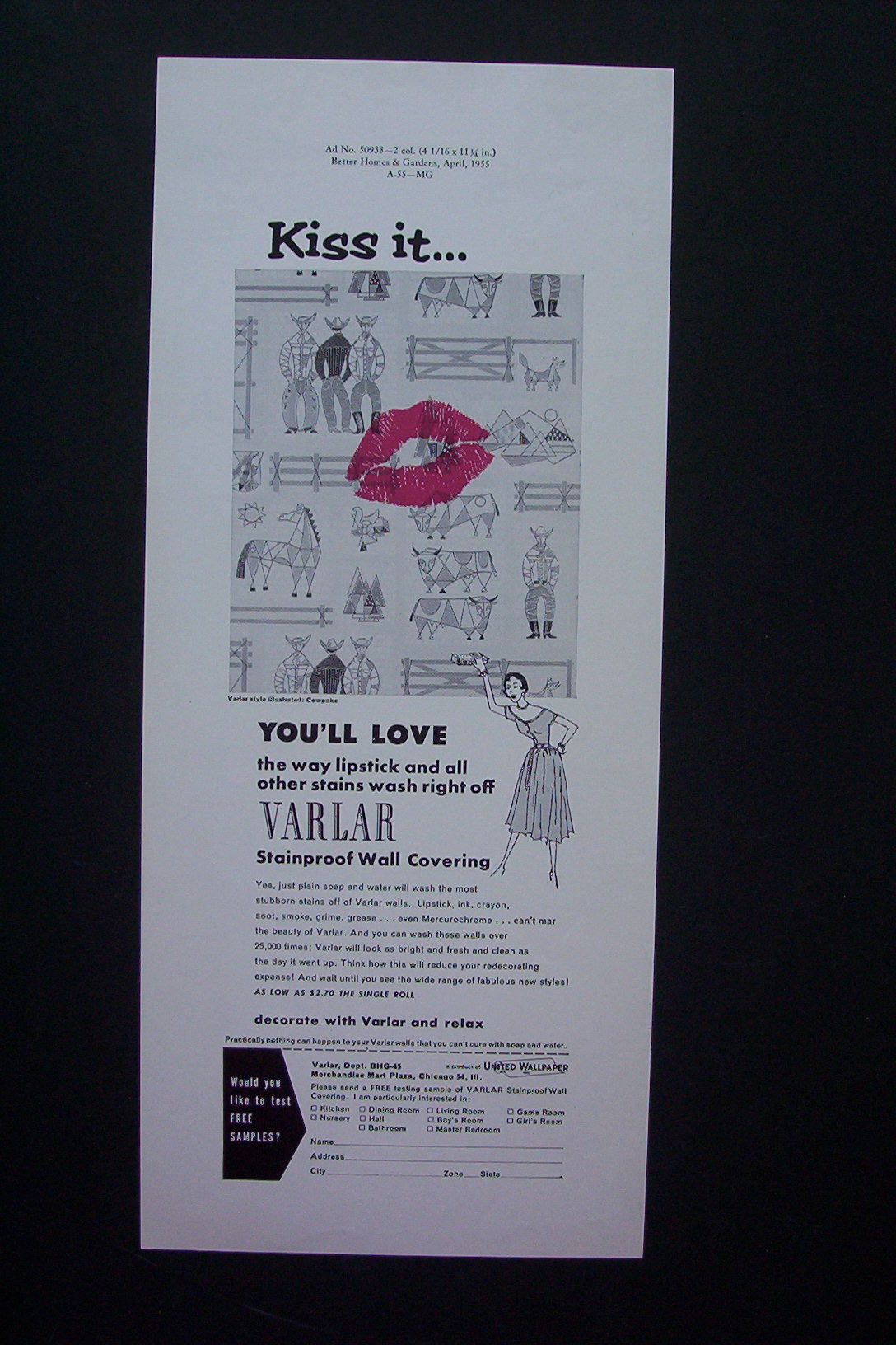 1955 Varlar Stainproof Wall Covering w/ Kiss on a Wall