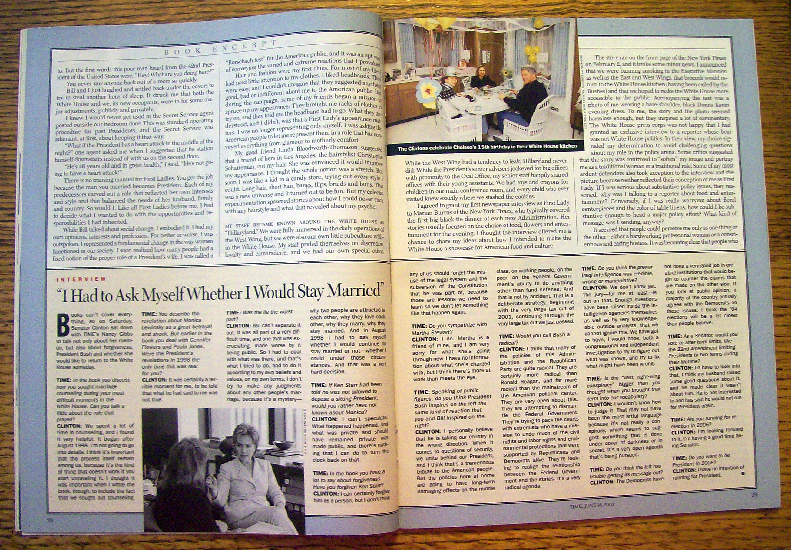 Time Magazine June 16, 2003 Hillary In Her Own Words