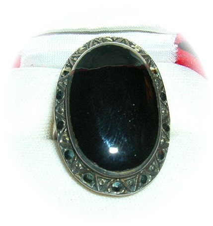 Vintage Sterling Silver Onyx & Marquisite Ring . . . .