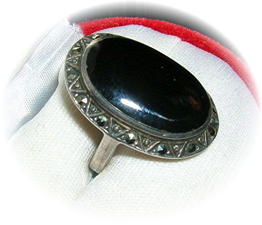 Vintage Sterling Silver Onyx & Marquisite Ring . . . .