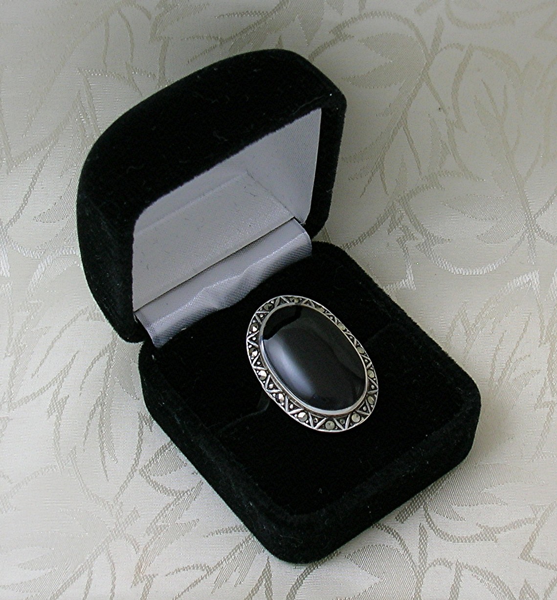 Vintage Sterling Silver Onyx & Marquisite Ring . . . .