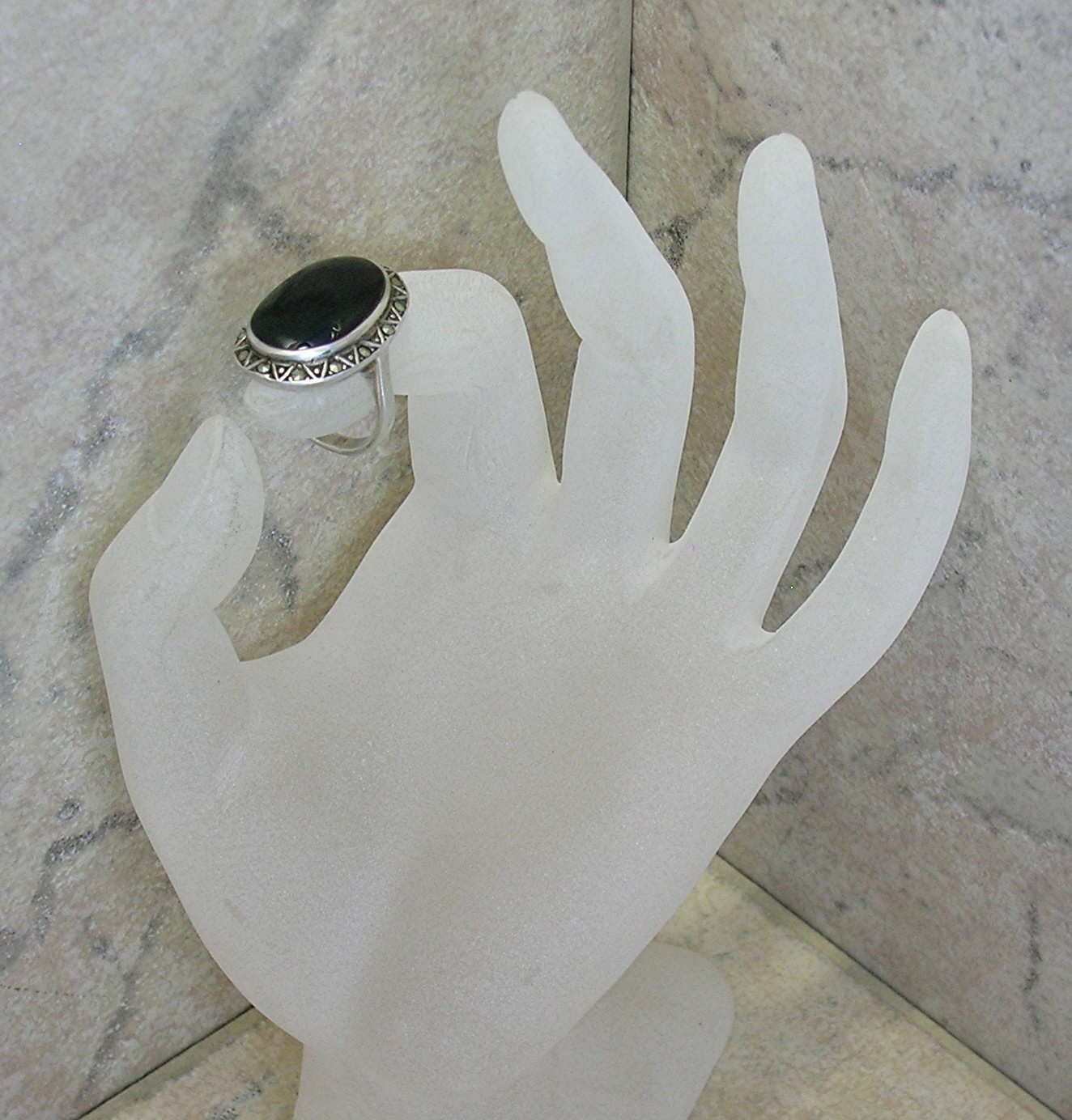 Vintage Sterling Silver Onyx & Marquisite Ring . . . .