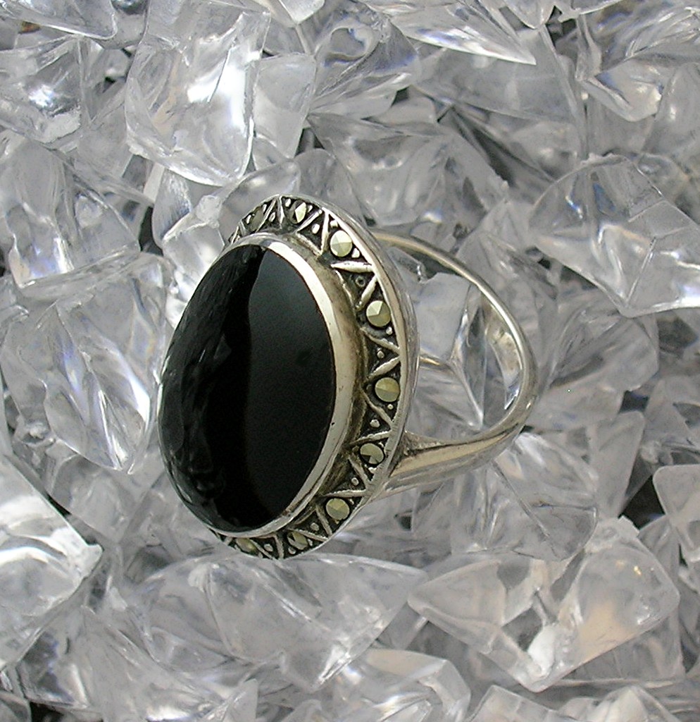 Vintage Sterling Silver Onyx & Marquisite Ring . . . .