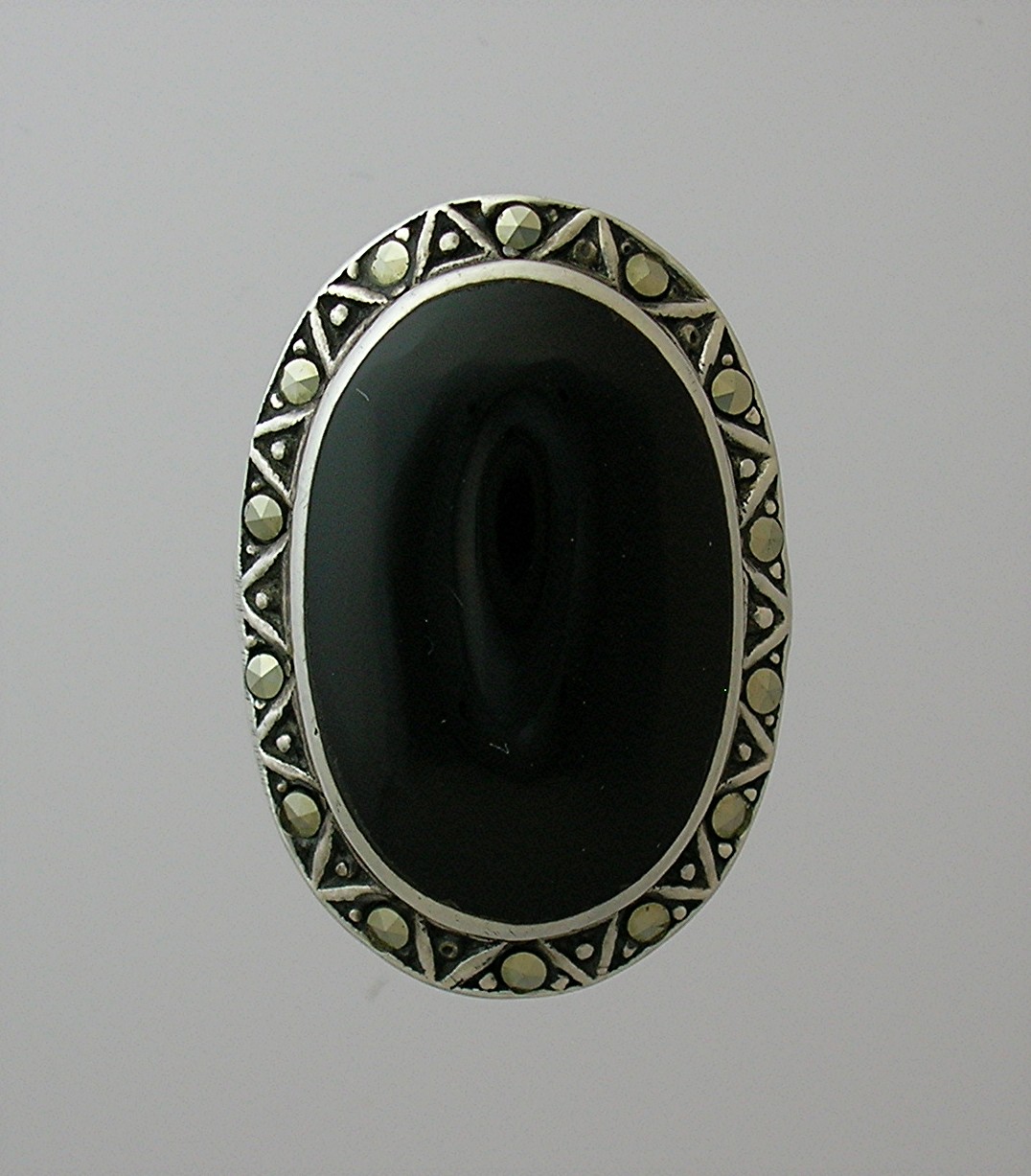 Vintage Sterling Silver Onyx & Marquisite Ring . . . .