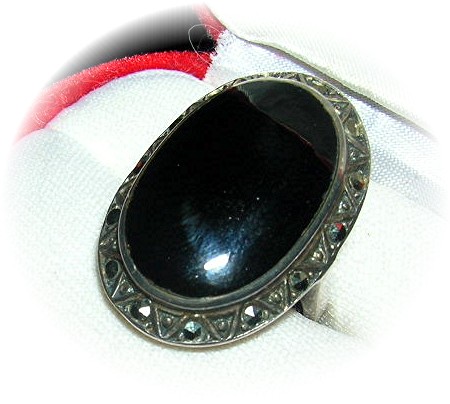 Vintage Sterling Silver Onyx & Marquisite Ring . . . .