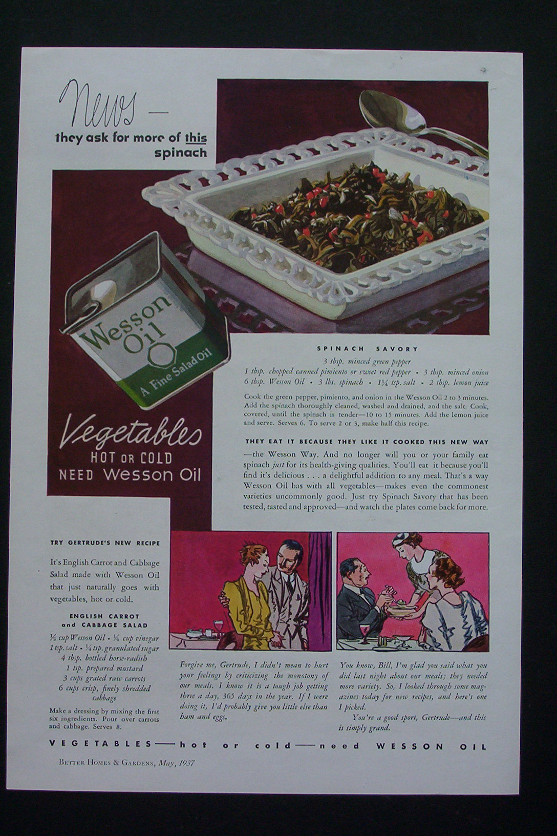 1937 Wesson Oil with Spinach Savory & Cabbage Salad