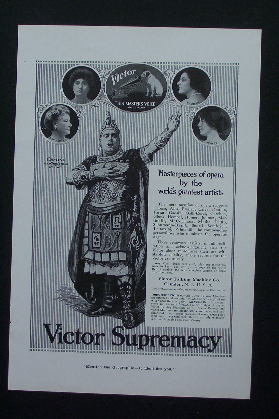 1917 Victor Supremacy with Caruso, Homer, Melba & More