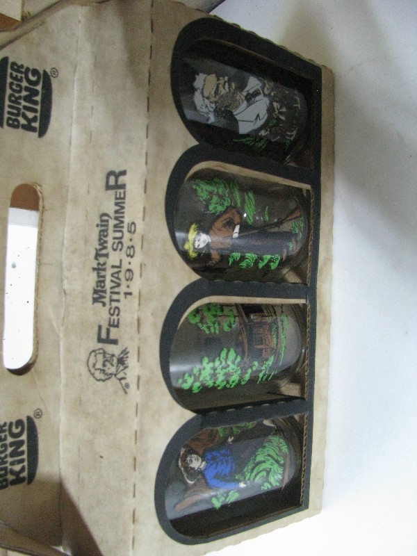 Vintage 1985 Burger King Mark Twain Festival Summer Glass Set of 4 with Original Carrier