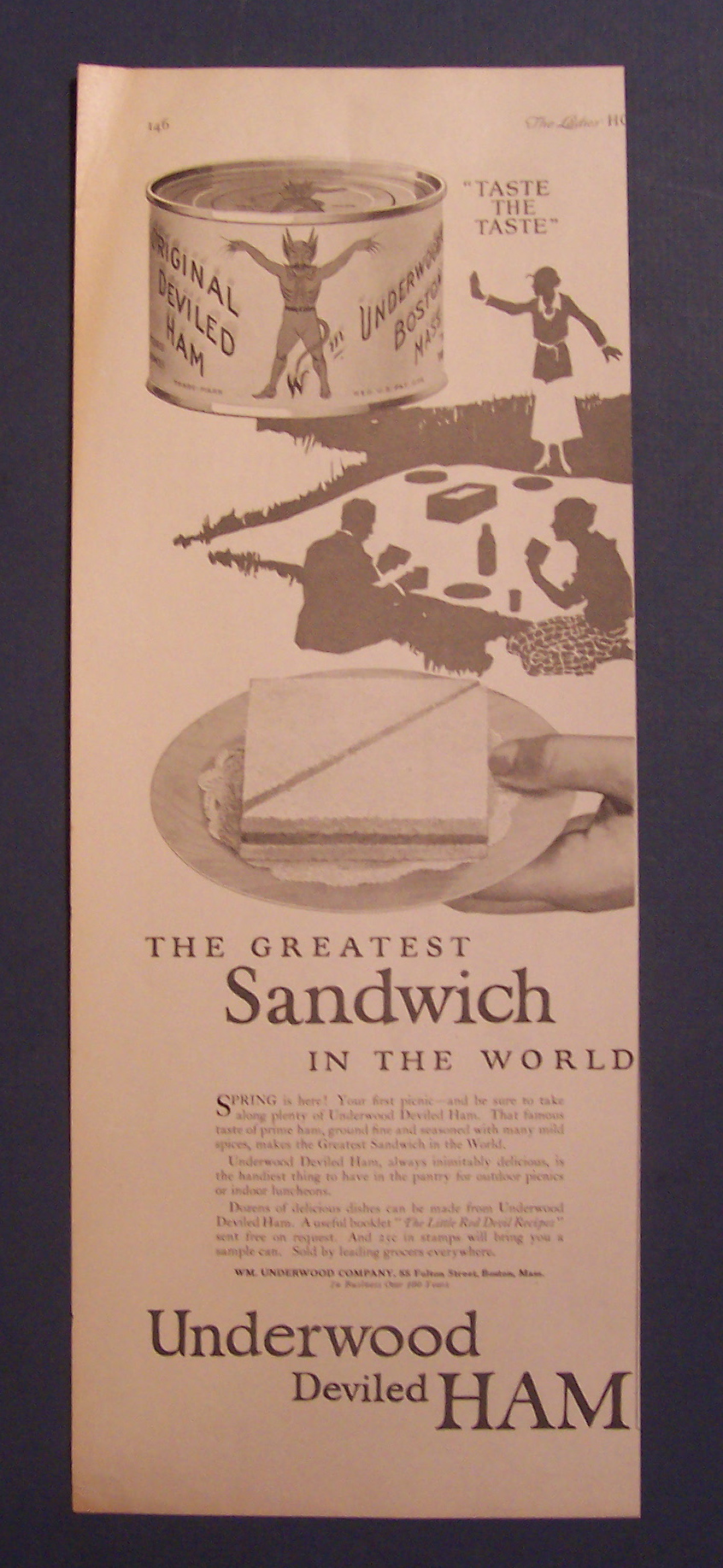 1923 Underwood Deviled Ham with Sandwich on a Plate