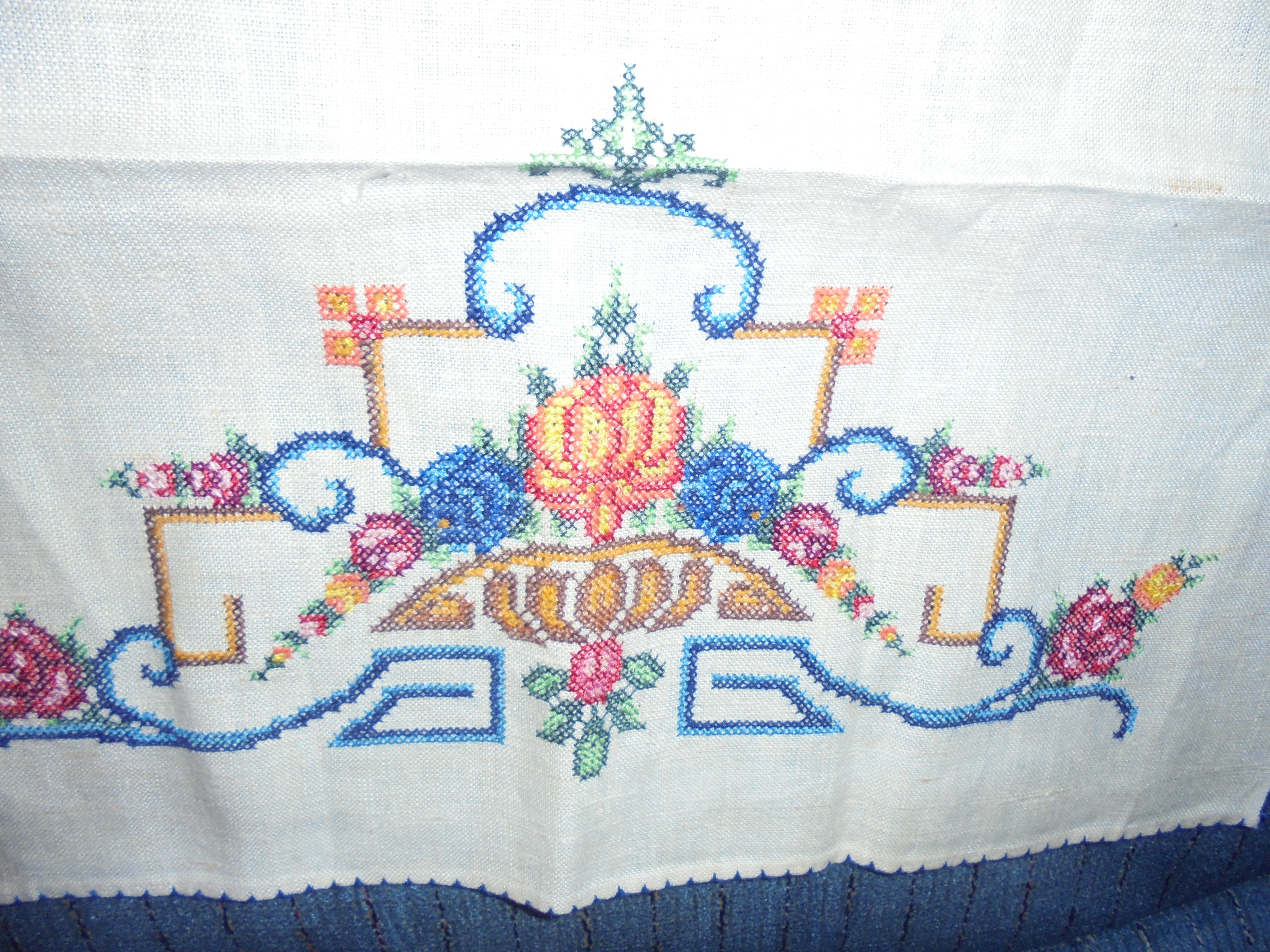Cross Stitched Linen Table or Stand Cover
