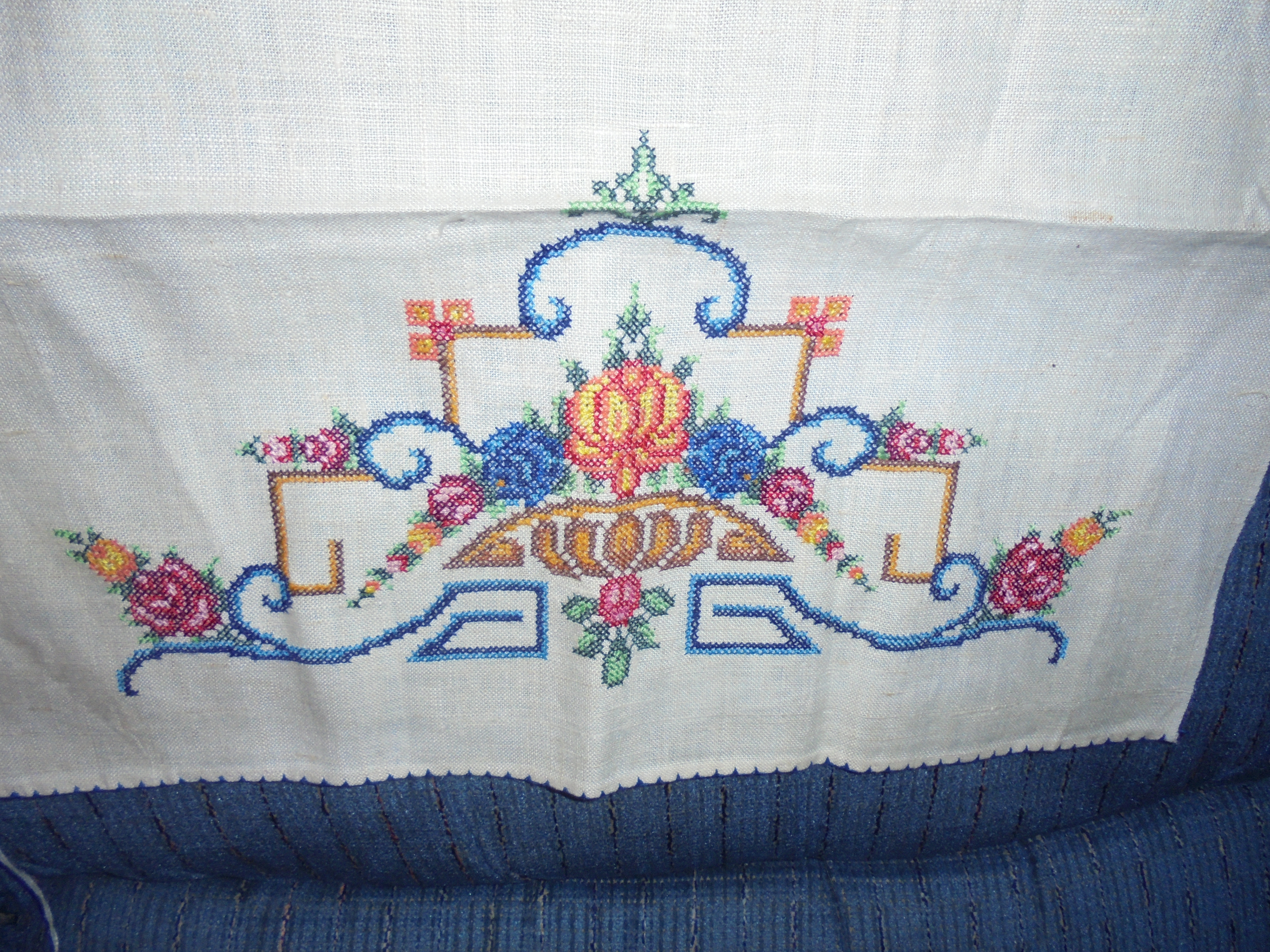Cross Stitched Linen Table or Stand Cover