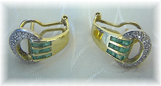 Earrings 14K Gold Pave Diamond  Emerald  French Back