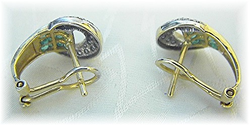 Earrings 14K Gold Pave Diamond  Emerald  French Back