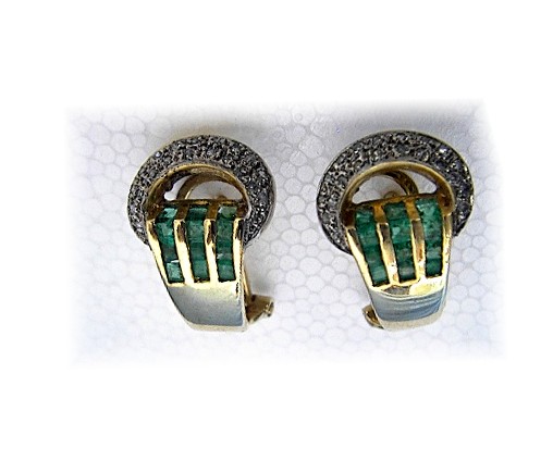 Earrings 14K Gold Pave Diamond  Emerald  French Back