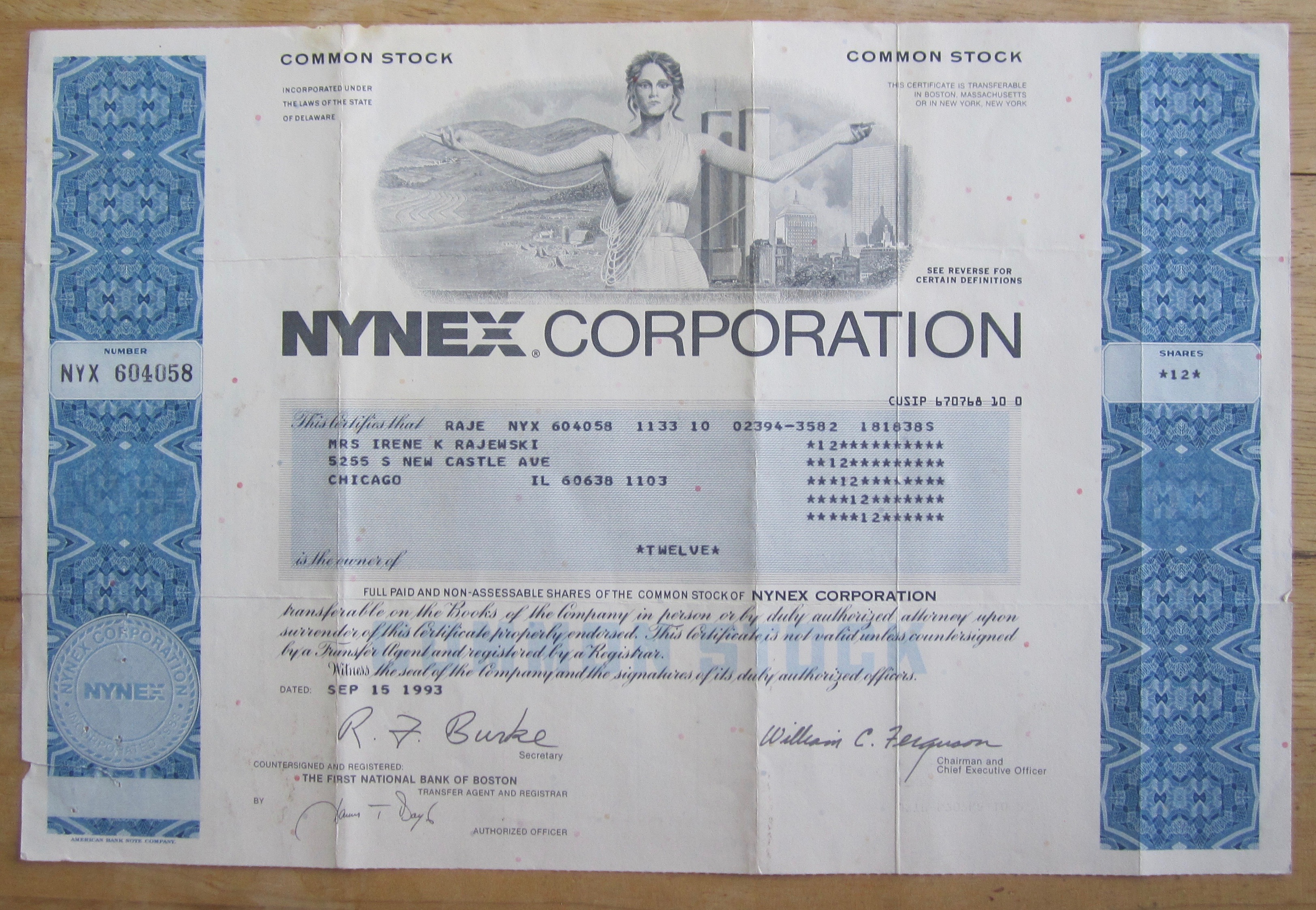 1993 Nynex Corporation Stock Certificate