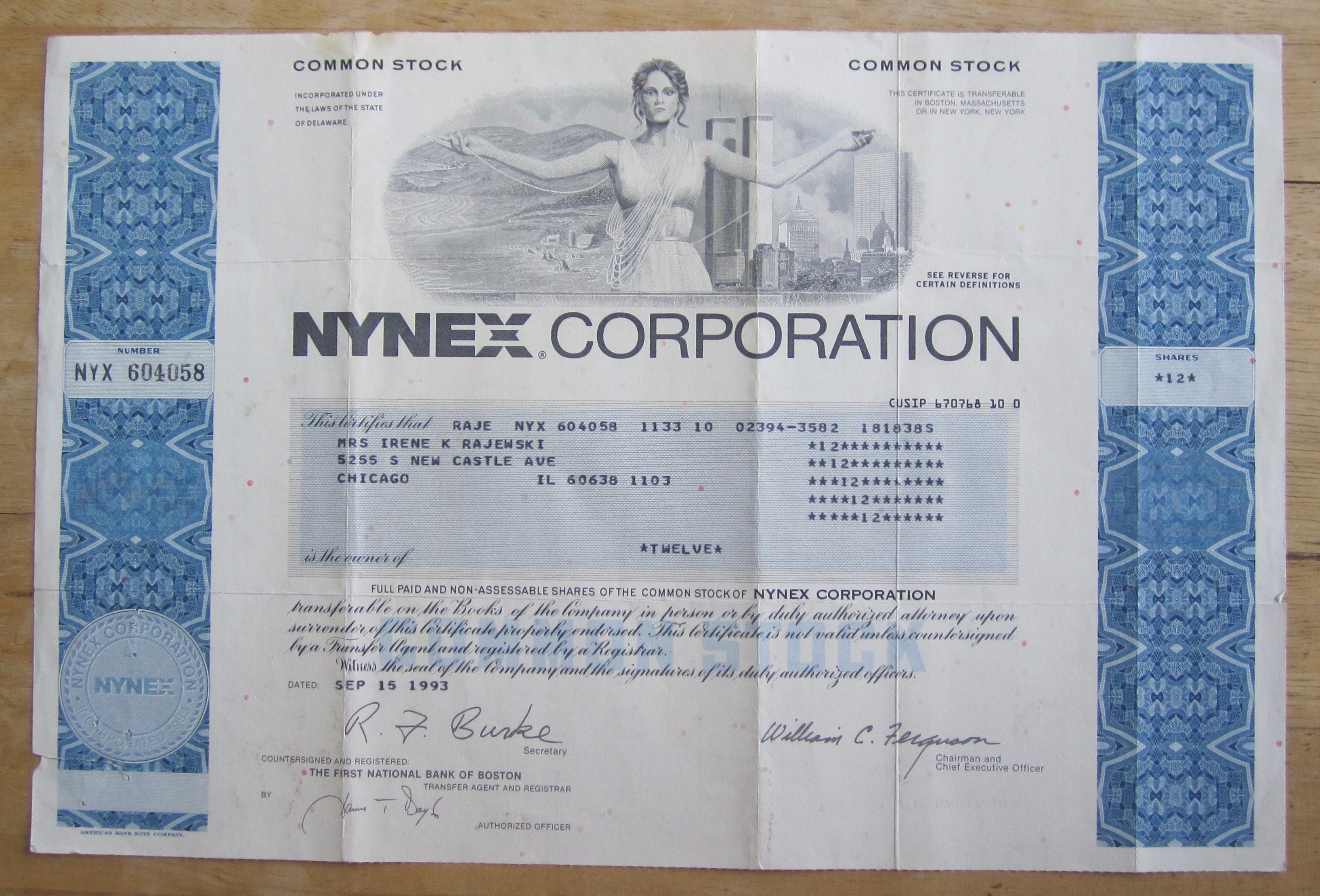 1993 Nynex Corporation Stock Certificate
