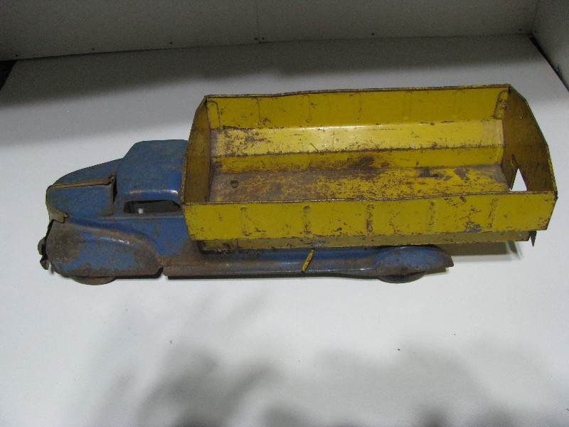 Vintage Pressed Steel Streamlined Dump Truck Toy - Blue & Yellow