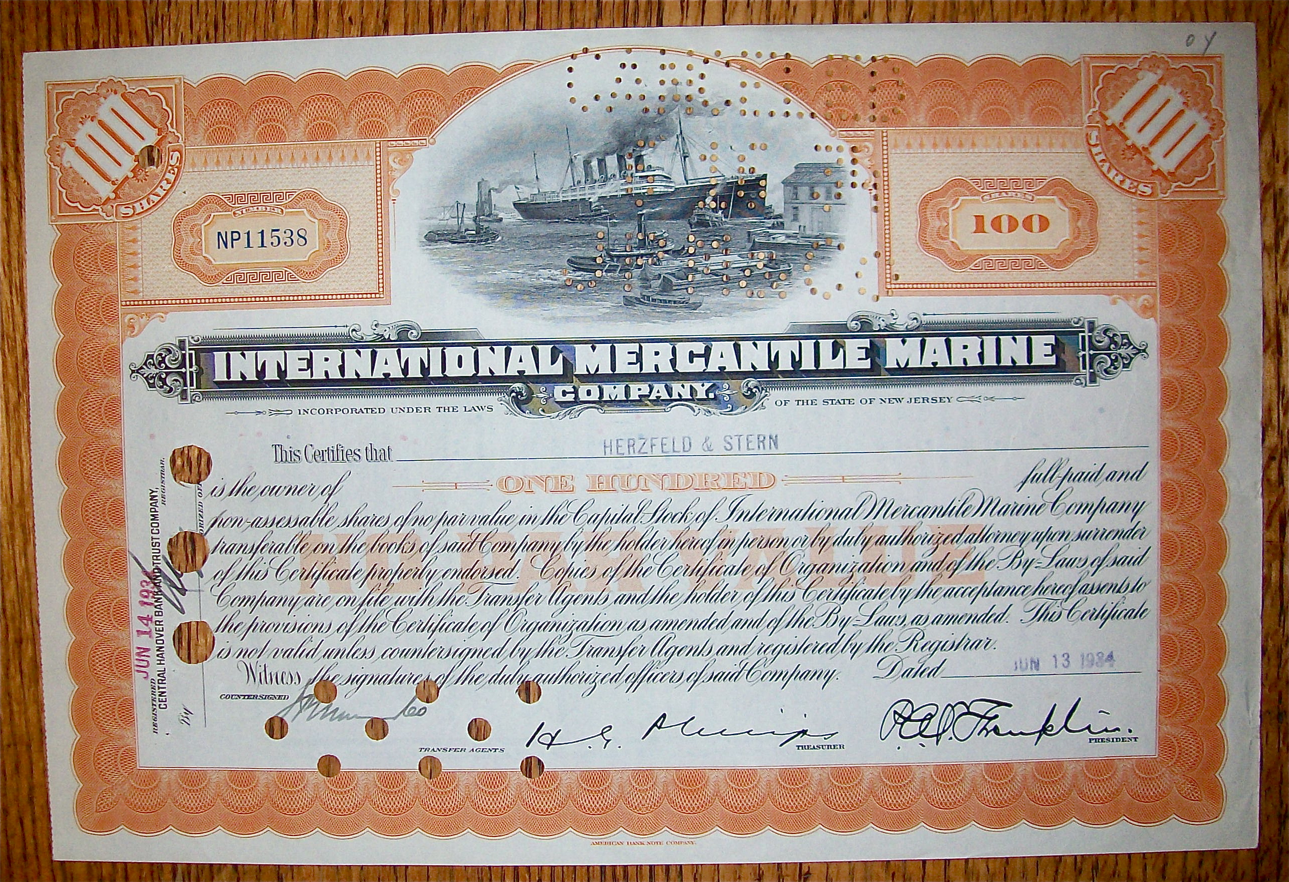 1934 International Mercantile Marine 100 Shares Stock