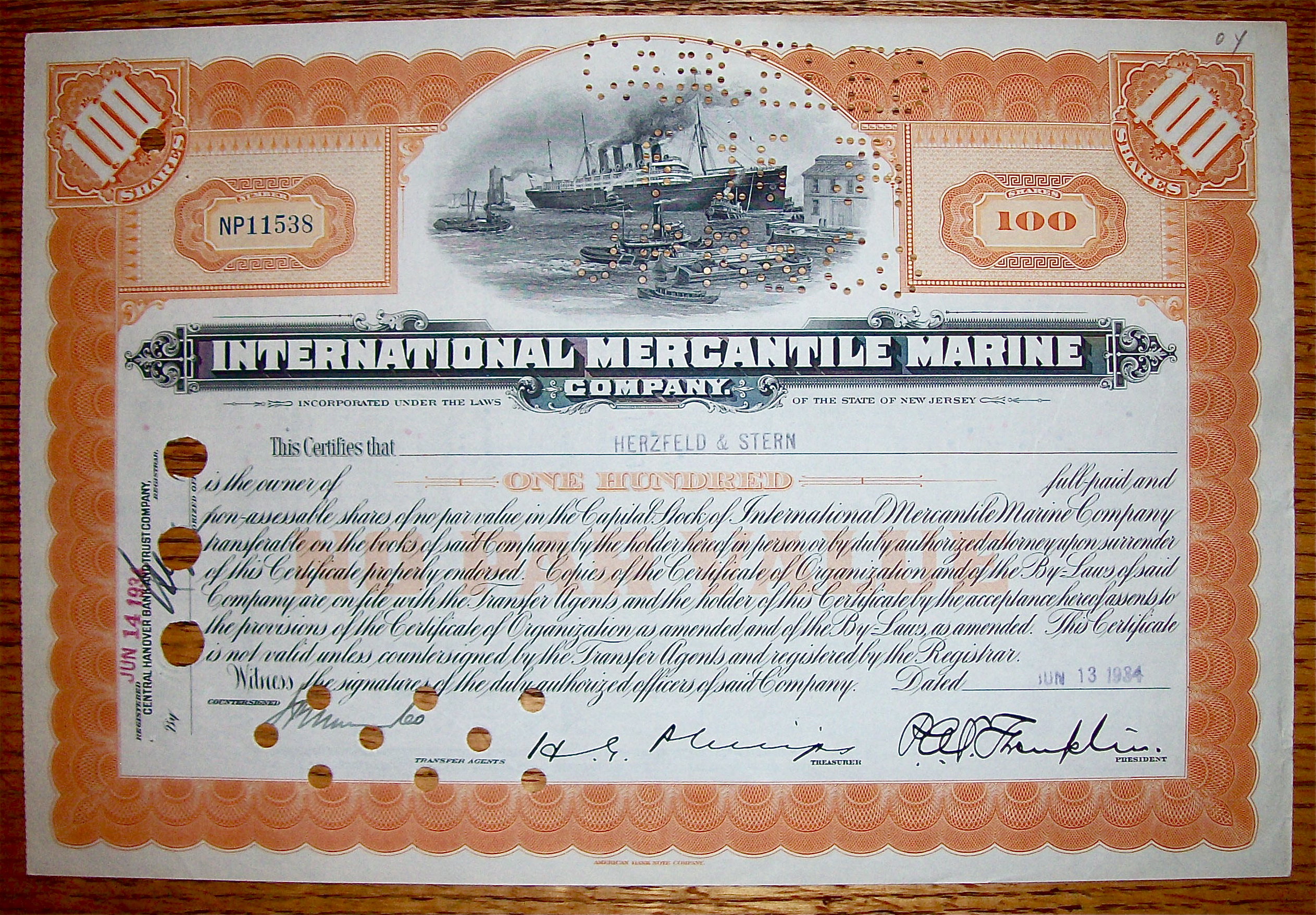 1934 International Mercantile Marine 100 Shares Stock