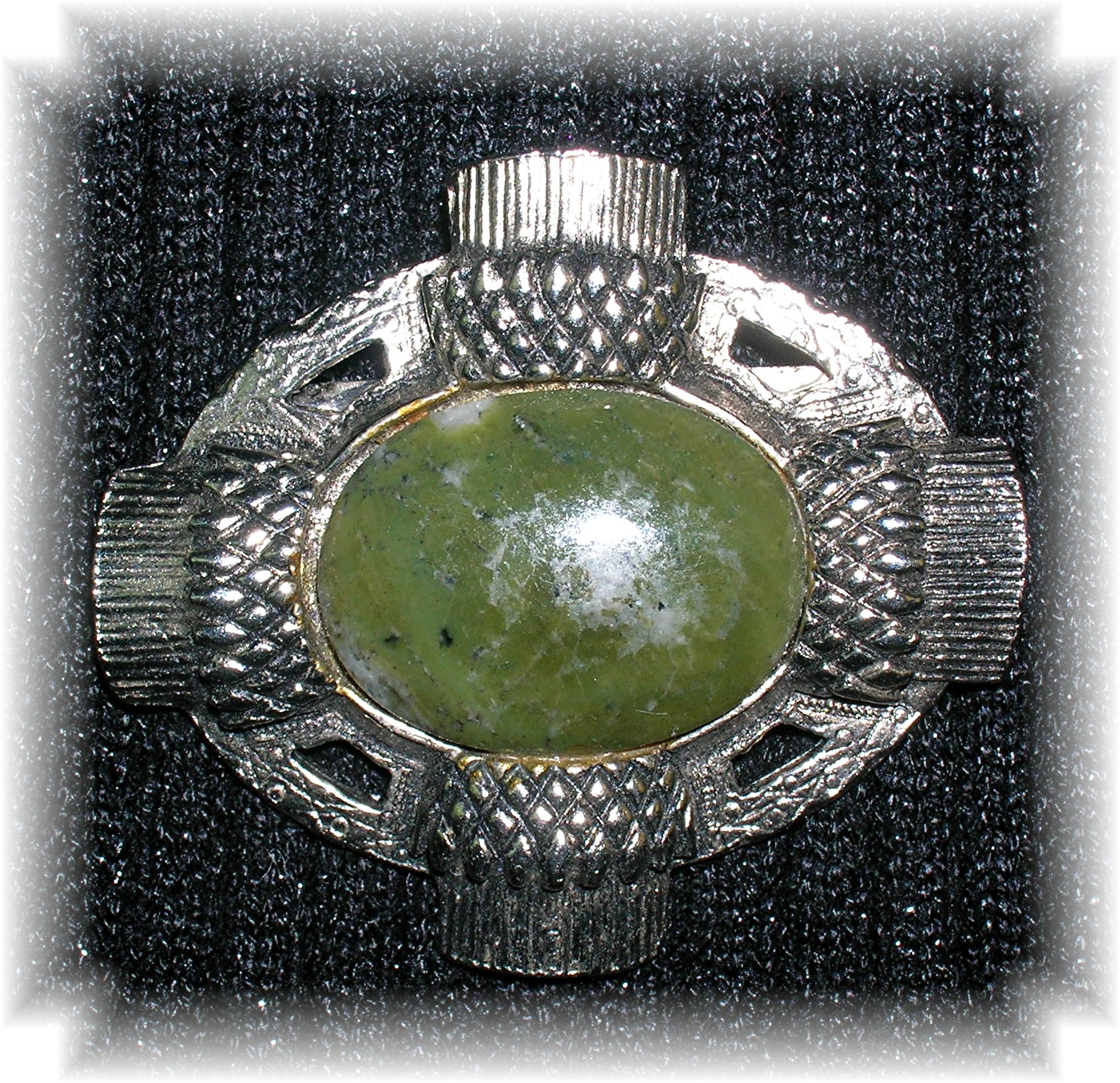 Silvertone Thistles and Jade Green Marble Brooch Pin