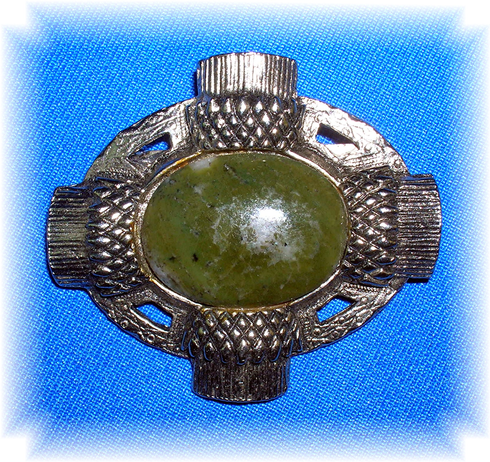 Silvertone Thistles and Jade Green Marble Brooch Pin