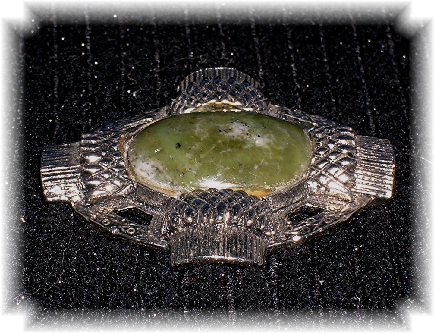 Silvertone Thistles and Jade Green Marble Brooch Pin