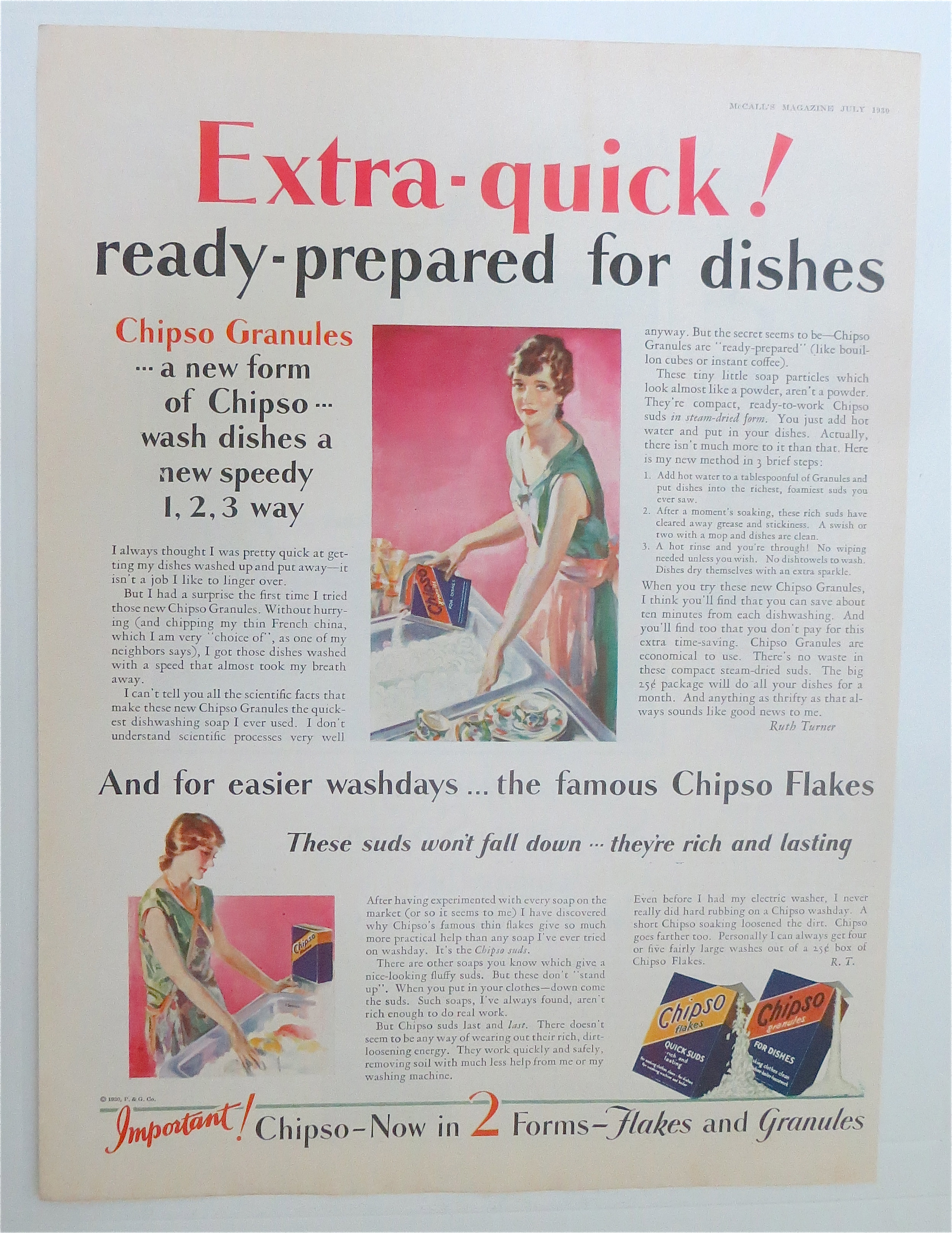 1930 Chipso Flakes & Granules with Woman Washing Dishes