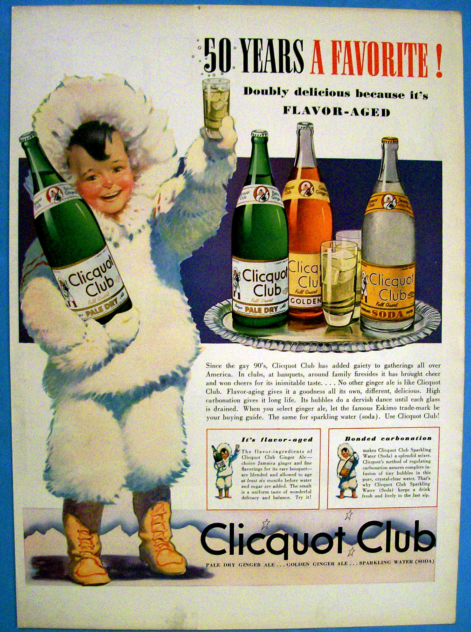 1940 Clicquot Club Soda with Eskimo Holding Bottle
