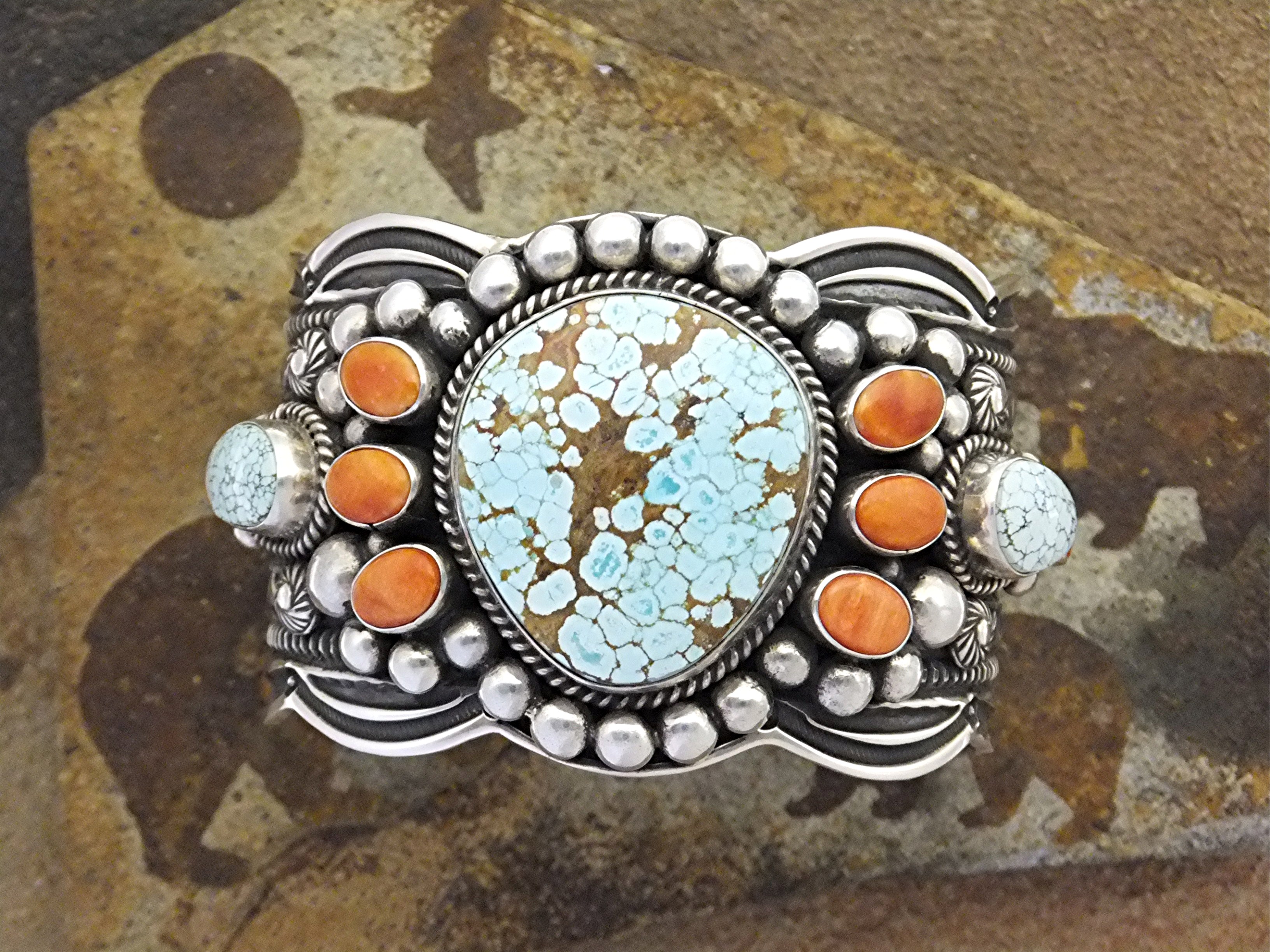 Darrel Cadman Sterling Silver Turquoise Coral Cuff Nava