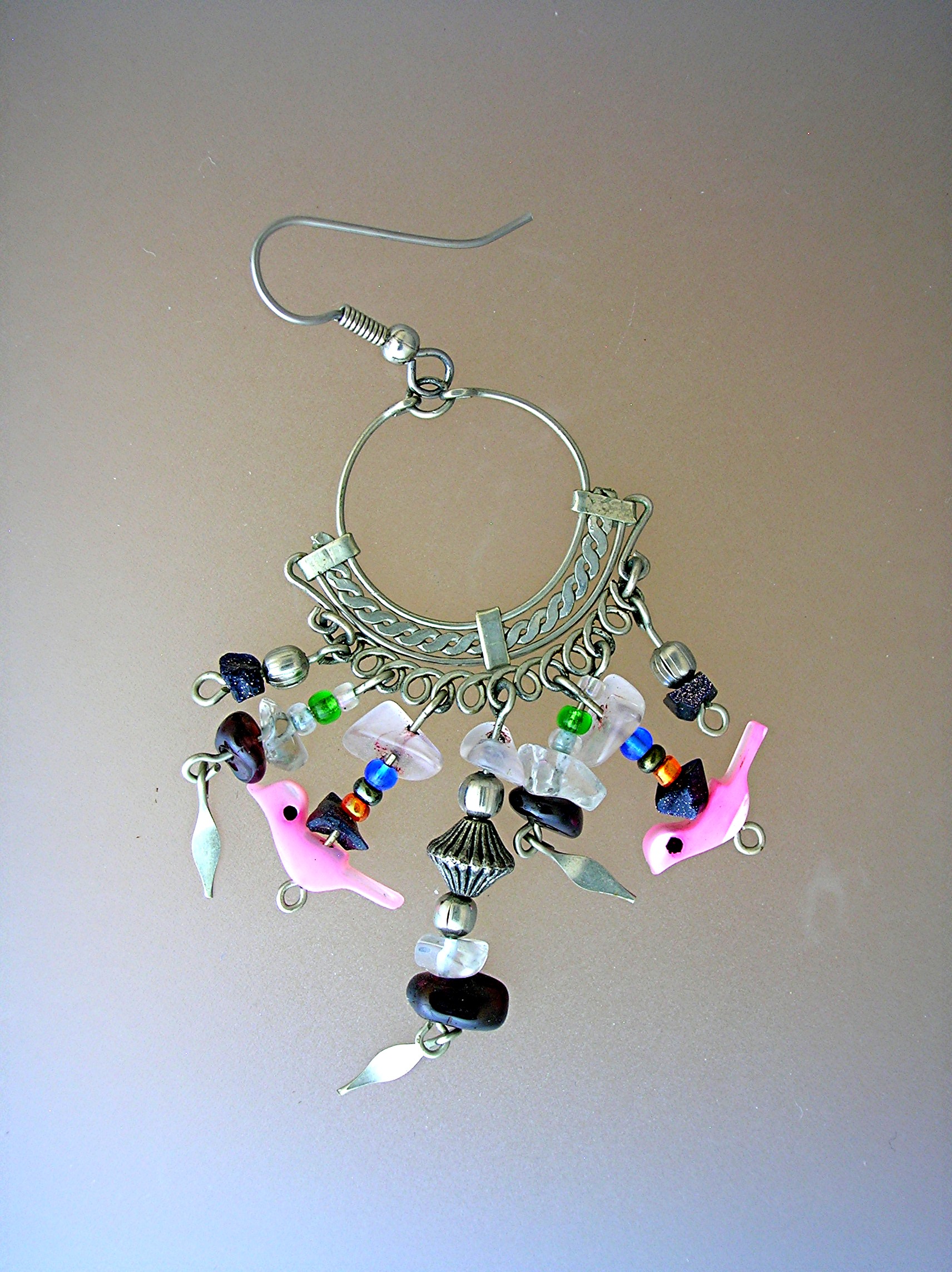Silvertone Rose Quartz Bird Earrings